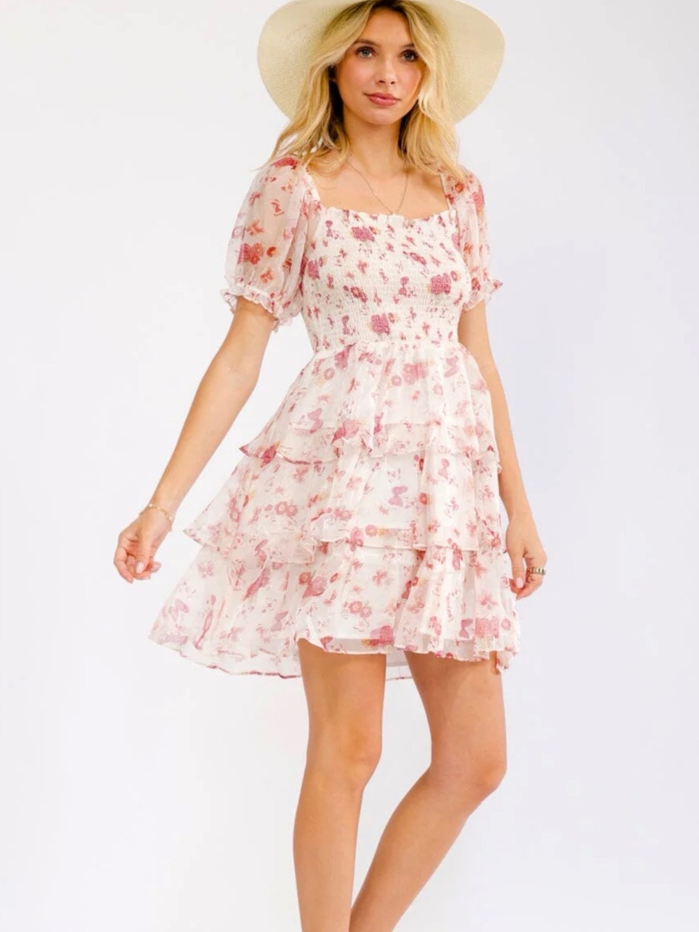 Floral Smocked Tiered Mini Dress in White with Rose Pink
